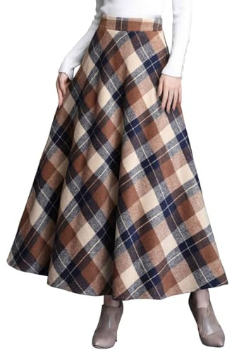 ebossy Women's Vintage High Waist Wool Blend Plaid A-Line Long Maxi Skirt with Pocket - Beige - Medium