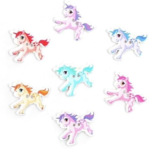 20 Stück schöne Holzknöpfe Einhorn Bunt Zufällige Mischung, 30x31mm, 2 Löcher bunte Bastelknöpfe Tierknöpfe Knöpfe zum annähen nähen basteln Einhörner DIY
