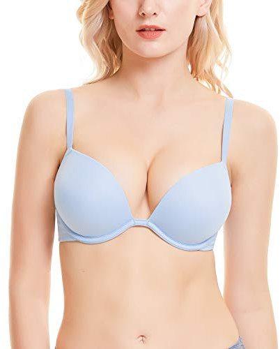 WingsLove Push Up Bra Sexy Deep V Plunge Add 2 Cups Bras Underwire T-Shirt Bra Multiway (Blue,34DD)