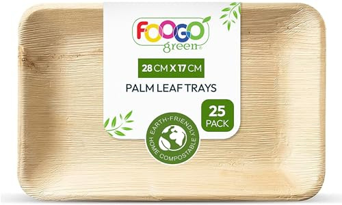 FOOGO Green 25 Bandejas Desechables de Hoja de Palma, Medianas y Profundas 28x17 cm, Pizza, Entrantes, Canapés, Charcutería, Resistentes Como las Bandejas de Madera para Comida Caliente y Aperitivos