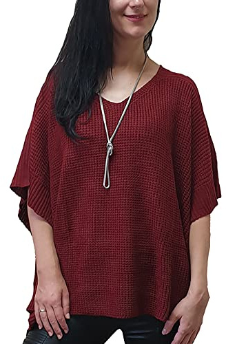 Mimosa damer en storlek stickad varm överdimensionerad V-ringad poncho cape med sidoknappar, Vinröd, one size
