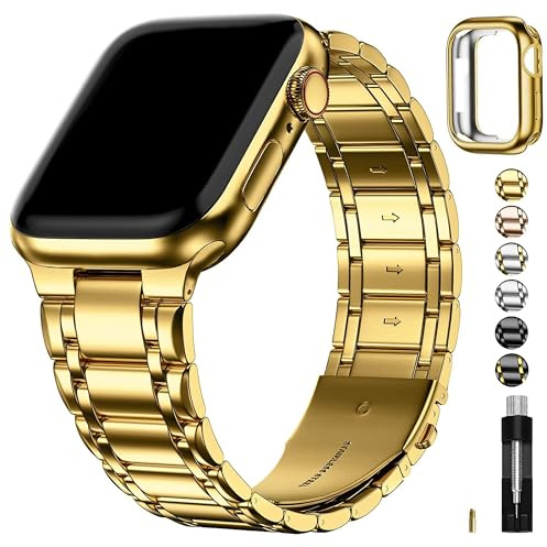 Fullmosa Rem kompatibel med Apple Watch, 45 mm, 44 mm, 42 mm, rostfritt stål, reserv, iWatch-band med TPU-skyddsfodral för serie 1–9, SE, guld