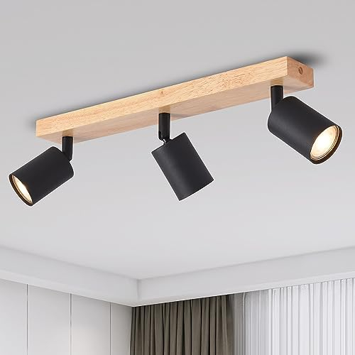 ANWIO LED Deckenstrahler Schwarz Holz Deckenspots 3 Flammig Deckenlampe GU10 Deckenleuchte LED Schwarz Vintage Wandlampe für Wohnzimmer Schlafzimmer Küche Ohne Leuchtmittel EUS-EA190812-10-03RB-1U