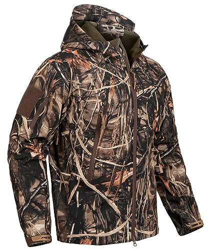 CARWORNIC Men's Camo Quiet Hunting Jacket Waterproof Softshell Fleece Lined Camouflage Outdoor Hiking Fishing Coat, Reeds Camo, M