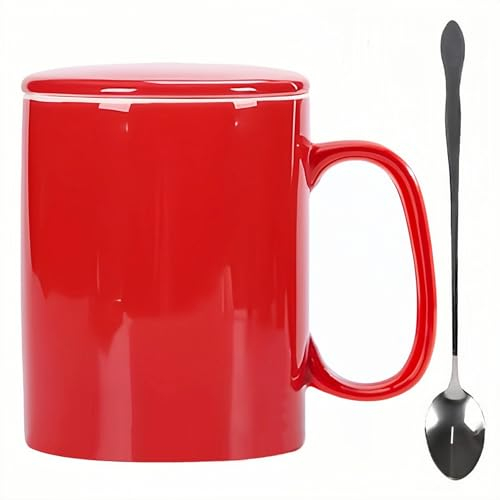 KOPYFANTAP Große Tasse 1000ml, Jumbo Keramik Kaffeetasse mit Deckel und Löffel, Riesen Becher mit Großem Griff für Büro und Zuhause, Spülmaschinenfest, Rot