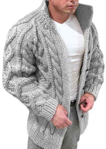 Men'S Long-Sleeved Cardigan, Cable Knit, Chunky Knit Cardigan Warm In Winter Sweater Business Jacket Regular Fit, Ideal For Casual Looks S-3Xl,Grey,L