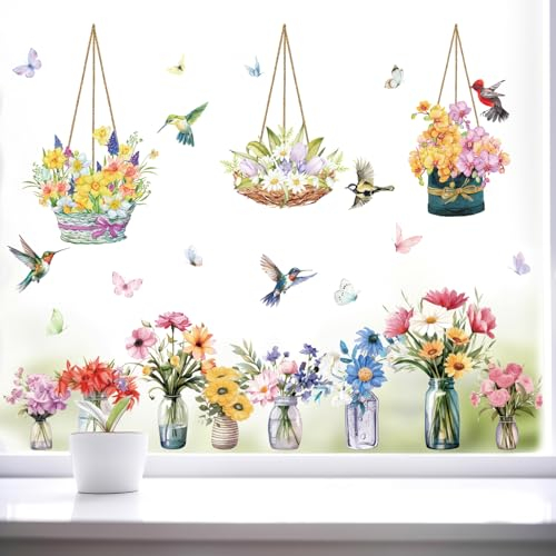 Tenare Fensterbilder Wandtattoo Loft Frühling Blumen Fenstersticker Selbstklebend Vasen Fenster Aufkleber mit Schmetterlinge Topfpflanze Anti-Kollision Doppelseitig Wohnzimmer Kinderzimmer Deko