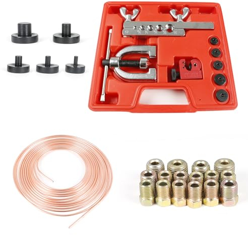 CISSIYOG Bremsleitung Bördelgerät, 3/16&1/4''&5/16''&3/8''&1/2'' mit CT-127A Fräser, Bremsleitungs Set 7.62m & ø4.76mm mit 16 Muttern für Doppel Bördelwerkzeug Satz für Bördeln