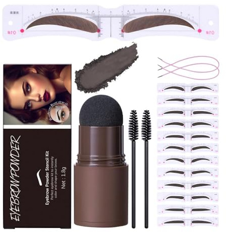 Augenbrauen Schablone Set, Augenbrauen Stempel Pulver Kit mit 12 Augenbrauen Form Brauen Schablonen, 2 elastische Schnur &2 Braue Pinsel, Augenbrauen Stempel Kit Langanhaltender (#3 Dunkelbraun)