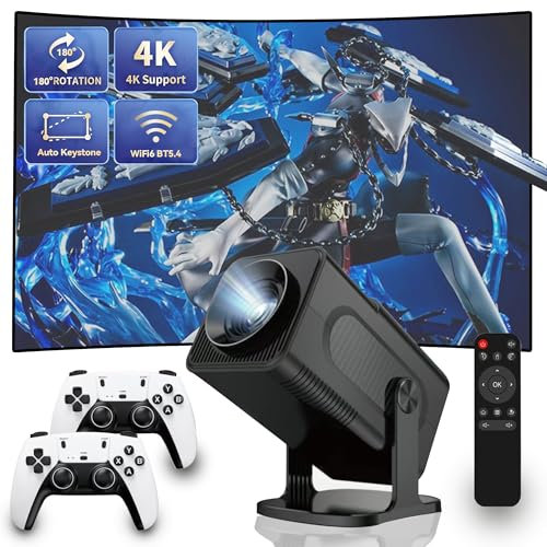 Mini Projector and Game with 2 Gamepad, 4K Portable Screen Theater Projector, Video Game Console with Retro Game 20000+, Smart Outdoor Movie Projector with WiFi, Bluetooth, Auto Keystone, Controller