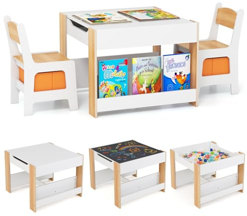 COSTWAY Set Tavolino Bambini con 2 Sedie per 3+ Anni, Tavolo e Sedie 4 in 1 con Lavagna Rimovibile, Librerie e Scatola in Tessuto, Mobile Salvaspazio per Scuola e Cameretta (Naturale, Stile 1)