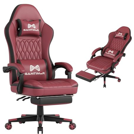 Gamtimer Gaming Chair with Footrest, Ergonomic Computer Chair, PU Breathable Material with Headrest and Lumbar Support, Suitable for Silla Gamer and Adults (RED)