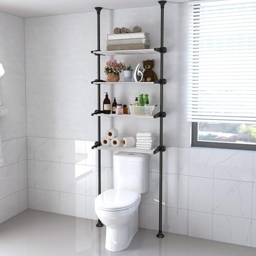 Estantería para inodoro con estantes ajustables de 4 niveles, ahorra espacio y barra doble tensora de pie, organizador de perchas sin necesidad de taladrar