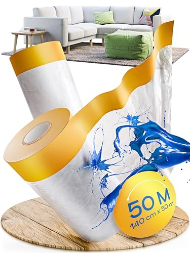 TOOLCORE® 2x Abdeckfolie mit Klebeband 140cm x 25m [Original Goldband] - Malerfolie mit Klebeband - Maler Abdeckfolie - Abdeckband mit Folie - Malerkrepp mit Folie