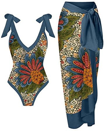Women's Swimming Costume Two Piece Swimsuit with Matching Sarong Cover Ups Ladies Summer One Piece Boho Floral Printed Monokini Swimwear Beach Bathing Suits
