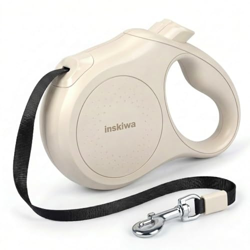 Retractable Dog Lead, 5m/16FT Extendable Dog Lead, 360° Tangle-Free, One-Handed Brake & Lock, Non-Slip Soft Grip Handle for Small & Medium Dogs, Max 25kg, Cream White, inskiwa