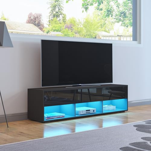 TV Stand Cabinet, 150cm Modern High Gloss Front TV Unit with LED lights, Entertainment Unit Cupboard with 3 Drawers and 3 Open Shelves, Storage Furniture for Living Room Bedroom Office Home, Black