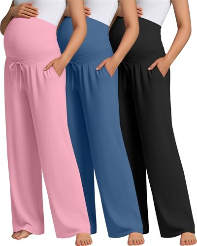 Oakgarden 3 Pcs Maternity Sweatpants Over The Belly Pregnancy Straight Wide Leg Elastic Drawstring Pants Joggers with Pockets(Black, Denim Blue, Pink,Large)