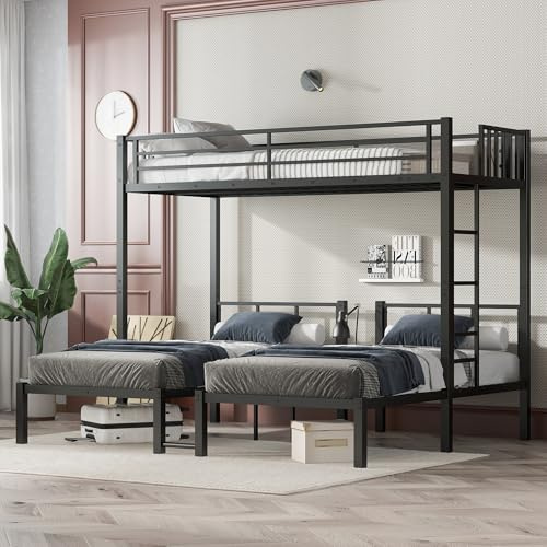 Bellemave Metal Twin Over Twin Over Twin Bunk Beds for 3 Kids, Heavy Duty Triple Bunk Bed Frame with Built-in Desk,3 Bed Bunk Beds,Twin Size Triple Bed,Detachable,Black