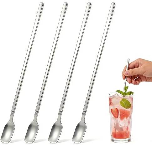 Cocktaillöffel 4er Set aus Edelstahl, 29 cm extra lang für hohe Gläser, Barlöffel rostfrei & spülmaschinenfest, für Cocktails, Longdrinks, Eiskaffee, Latte Macchiato & Dessert