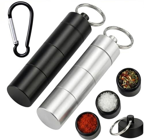 2 st kryddströare campingset 3-i-1, mini vattentäta kryddburkar, bärbara aluminium kryddburkar, små kryddburkar, krydddispenser för utomhuspicknick, BBQ kök matlagning camping