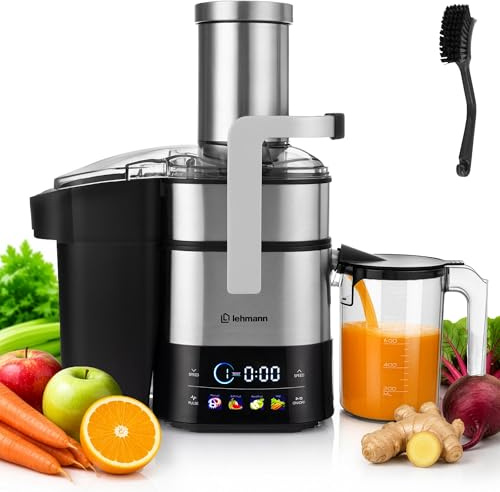 LEHMANN Entsafter für Obst und Gemüse, Edelstahl, XXL Einfüllschacht 80 mm, LED-Touchscreen, 6 Geschwindigkeitsstufen, BPA-frei, 1000 ml Saftbehälter, leichte Reinigung, inkl. Reinigungsbürste