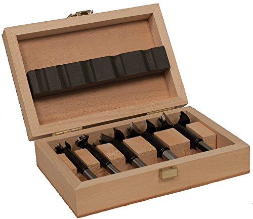 Famag Bormax 5 Piece Set Forstner Bits Imperial Sizes 5/8, 3/4, 1, 1-1/8 and 1-3/8, Outside Rim Saw Teeth, Hex Shank, Cooling Fins, Twisted Center Point, German Alloy Steel