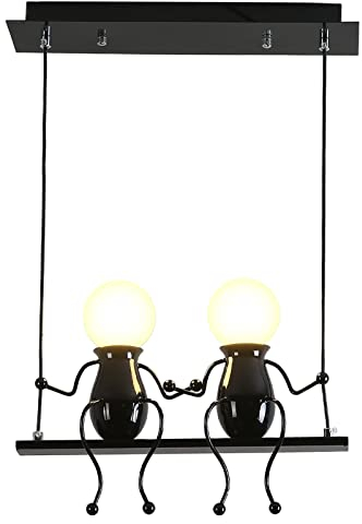 YOXANG Créatif LED Luminaires suspendus Moderne Double Petites gens Lampe à suspension Réglable Lampes suspendues Salle à manger Fer Dessin animé Lustres Plafonniers 2×E27 Peinture à cuire Noir