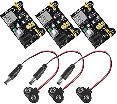 ALAMSCN 3.3V 5V MB102 Solderless Breadboard Power Supply Module with 9V Battery Clip Power Cable 2.1x 5.5mm Male DC Jack Plug for Arduino (Pack of 3)