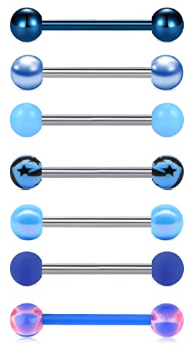 vcmart 7stk Zungenpiercing 16mm Blau Chirurgenstahl 14G Piercing Zunge Brustwarze Barbell Perle