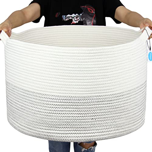 Casaphoria XXXLarge Cotton Rope Basket 21.7 x 21.7 x 13.8 Woven Laundry Basket for Blankets Storage Basket with Handle Comforter Cushions Storage Bins Thread Hamper-Black Stitch, White (MB2021039)