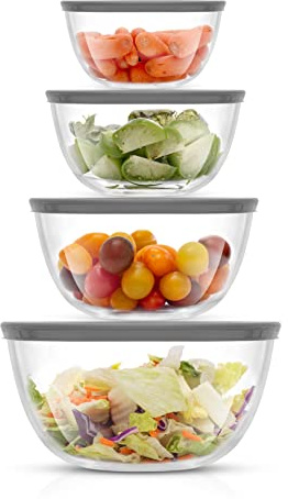 JoyJolt Kitchen Mixing Bowls - 8pc Glass with Lids Set – Neat Nesting Large Bowl Batter Cooking Storage and Big Salad BPA-Free Gray