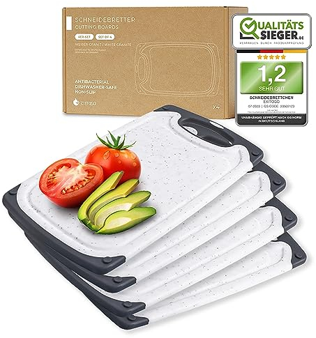 Exitoso Frühstücksbrettchen 4er Set mit Saftrille - Spülmaschinenfest - Marmoroptik hell Schneidebrett Kunststoff rutschfest BPA frei - Brettchen Set Brett