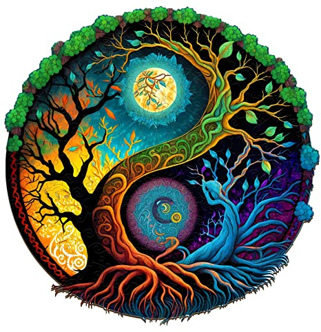 Funnli Holzpuzzles für Erwachsene und Kinder,Yin und Yang Muster Pflanze Holz-Puzzle (Yin-Yang-Bäume-3), Einzigartige Chinesisches Kung Fu Puzzlespiele (L-13.8 * 13.8in-300 Stücks)