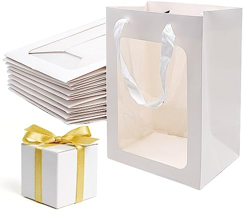 Cisolen 10 Stück Papiertüten Geschenktüten Weiße Kraftpapier Geschenktaschen mit Fenster Verpackungsbeutel für Geburtstag Hochzeit Party Verpacken Bankett Geschenken Süßigkeiten Keksen