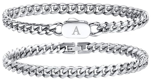 Hisatan Initial Bracelets for Men, 2 Pcs A-Z Letter Bracelet Silver Mens Bracelet with Initial, Stainless Steel Stylish Non Tarnish Cuban Link Bracelet for Men Jewelry Gifts, 8.26