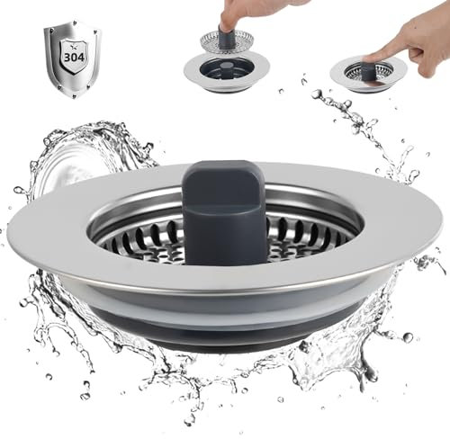 iFealClear Upgraded 3-in-1 Kitchen Drain Stopper & Metal Strainer, Stainless Steel Wrapped Shell with Stainless Steel Filter, Anti-Clogging & Odor-Blocking, Fit 72-86 mm Sink Holes, Depth > 28mm
