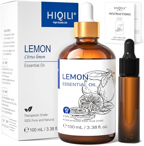 HIQILI Olio Essenziale di Limone, 100% Puro e Naturale, per Pulizia Della Casa, Purificazione Dell'aria, Cura Della Pelle, Può Essere Aggiunto a Spray, Diffusori, Creme - 3.38 Fl Oz