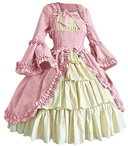Vestido rococó para mujer, largo, multicapa, retro, gótico, elegante, manga trompeta, vestido de baile de graduación, escote cuadrado, lazo, vestido de noche, vestido de princesa Vokuhila, vestido de