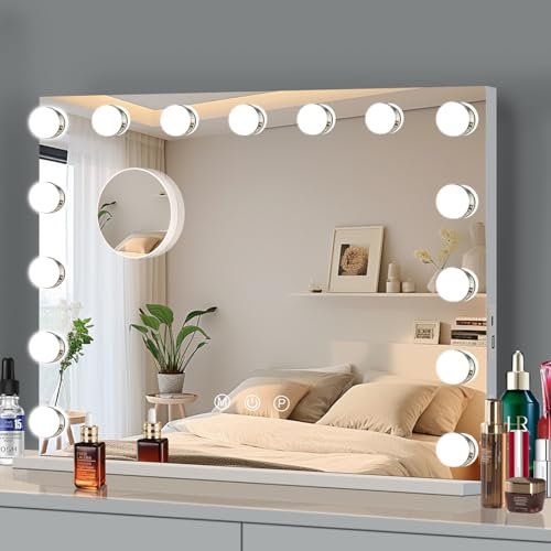 Ruication Hollywood - Specchio cosmetico con luci, grande illuminato per il trucco, 58 x 46 cm, 15 lampadine dimmerabili, controllo touch screen e porta USB