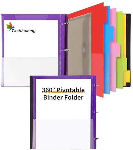 Tashkummy 360° Pivotable Project Organizer Binder, Upgraded 3 Ring Binder with Colored Tab Dividers with Pockets, Customizable Cover Multi Pocket Folder Binders for Home, School, Office- Purple