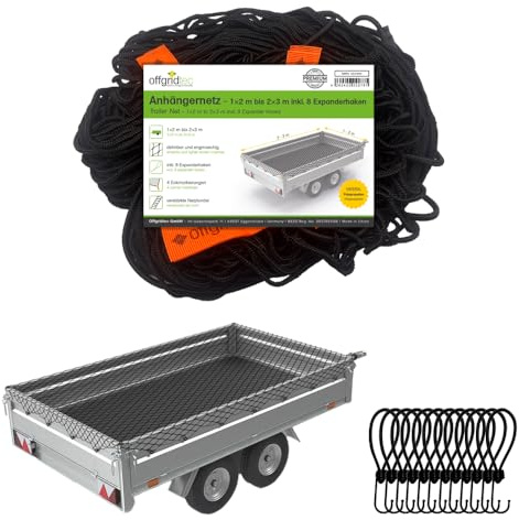 Offgridtec Rete di sicurezza per rimorchio da 1 x 2 m su 2 x 3 m, estensibile e a maglia fine, include 8 ganci di serraggio, marcature angolari, corda in gomma rinforzata, fissaggio del carico per