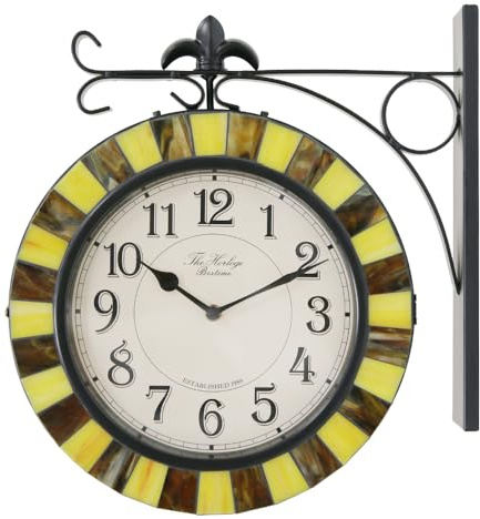 BESTIME 66297 Double Sided Wall Clock with Stained Glass.Dial: 10-Inch,Quiet,Easy Read,Retro Station,Antique Hanging Clocks for Garden,Home Decor,Indoor,Outdoor,Living Room.