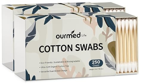 Ourmed Life Cotton Swabs - Biodegradable Bamboo & Cotton, Double-Tipped Cleaning Swabs with Pointed & Round Tips, Hypoallergenic for Ear, Makeup, Eye Makeup Removal, Nail Polish Touch-Ups (500 Ct)
