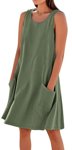 Vestidos cortos de verano de lino y algodón sin mangas para mujer, con bolsillos y tirantes, talla grande, tendencia, Ejercito Verde, S