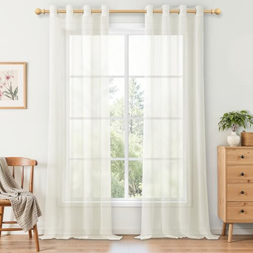 MRTREES Gardinen Wohnzimmer mit Ösen, Vorhang Durchsichtig Creme 2er Set, 245 cm Lang 140 cm Breit, Fenster Gardine Transparent Ösenvorhang für Schlafzimmer Wohnzimmer Küche Elegant