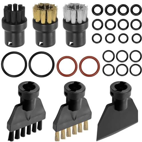 CiShow 6 Pcs Steam Cleaner Accessories Compatible with Kärcher, Round Brush, Nylon and Brass Flat Brushes, Hand Steam Cleaner, Plastic Scoop, Wire Brush for Kitchen Furniture, 22 Pcs Sealing Ring