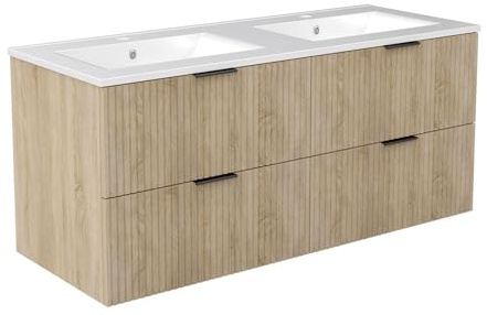 AICA Ensemble Meuble Salle de Bain 120cm avec Double Vasque céramique - 4 tiroirs Meuble Chêne Wotan