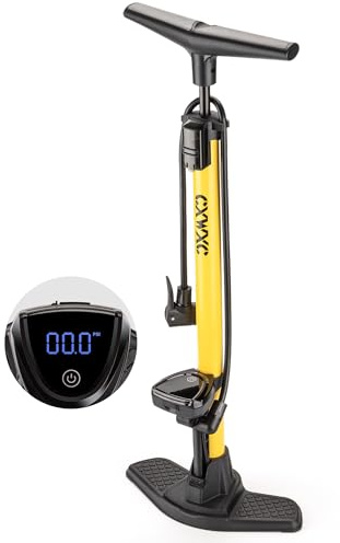 CXWXC Bike Floor Pump with Digital Gauge – 140 PSI Bicycle Tire Pump fits Presta & Schrader Valve – Portable Bike Air Pump with Large Display for Easy to Read (Yellow)