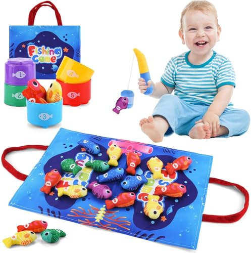 JOTOL Juguetes Niños 1 2 3 Año Montessori Pesca, Educativos Juegos Bebes 6 9 12 18 Meses, con 15 Peces de Tela, Taza Apilable, Regalo para Cumpleaños, del Día del Niño y Navidad